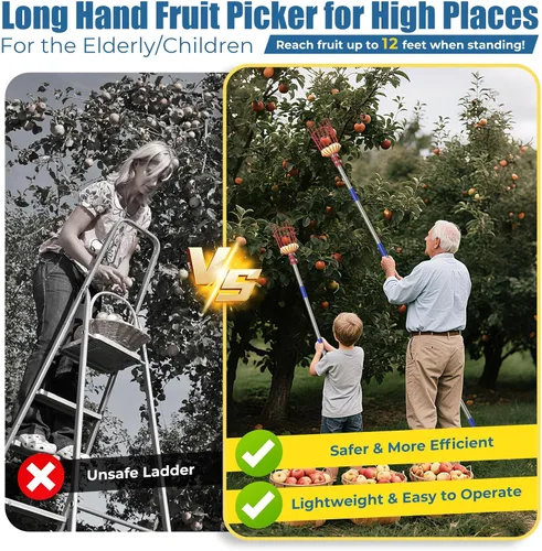 Vista 2 de Herramienta de poste recogedor de frutas de 75 pulgadas para largo alcance, no requiere escalera, herramienta de empalme portátil para personas