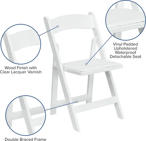 Vista 5 de EMMA + OLIVER Paquete de 2 sillas plegables de madera blanca con asiento acolchado de vinilo Blanco