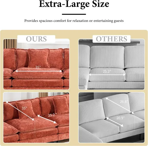 Vista 51 de Sofá seccional modular verde de 111.5", sofás seccionales grandes de 3 plazas para sala de estar, sofá nube oversized de tela chenille con otomana