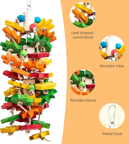 Vista 3 de Juguete masticable para pájaros grandes y pequeños, bloque de madera natural con diseño de hoja de arce multicolor, recorte de pico para cacatúas