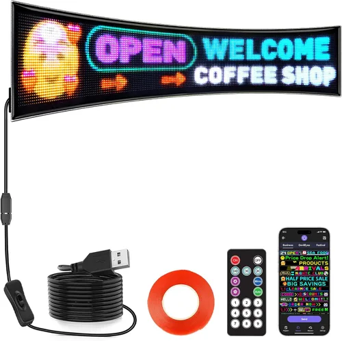 Vista 15 de Rayhome Mini letrero LED para automóvil, 6.7 x 2.76 pulgadas, panel de matriz LED flexible, USB 5 V, control de aplicación Bluetooth, letrero LED