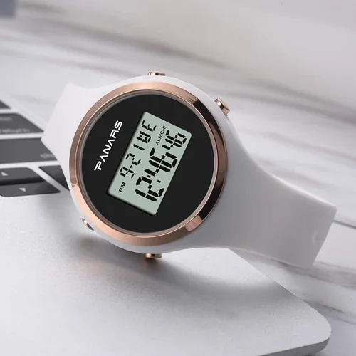 Vista 6 de Reloj de mujer impermeable con alarma, cronógrafo y fecha de día, reloj deportivo de moda blanco con correa de silicona, Blanco, Moderno