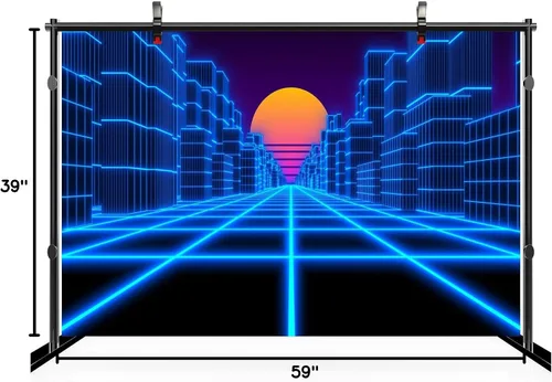 Vista 8 de Telón de fondo de paisaje cibernético de 5 x 3 pies, ciudad azul, retro, futurista de los años 80, neón Cyberpunk, fondo de cuadrícula láser, fondo