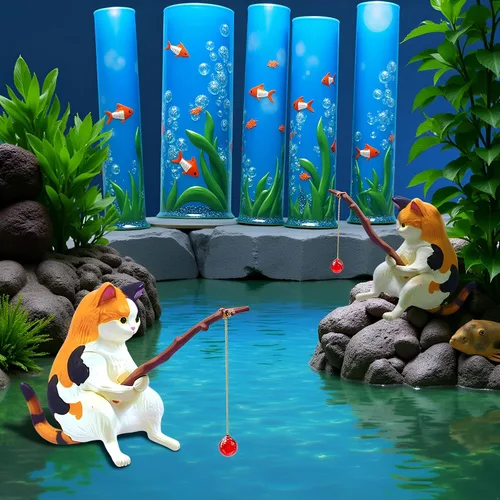 Vista 8 de GANPUB 2 figuras de pesca de gato, bonita decoración de estatua de gato, mini decoraciones de resina, escultura artesanal para tanques de acuario
