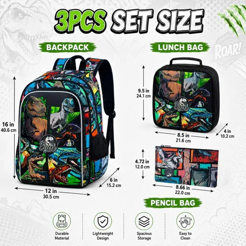 Vista 4 de CCJPX 3Pcs Backpack for Boys, 16 Inch Preschool Elementary Kindergarten School Backpacks and Lunch Box Aa1-dinosaurio Negro