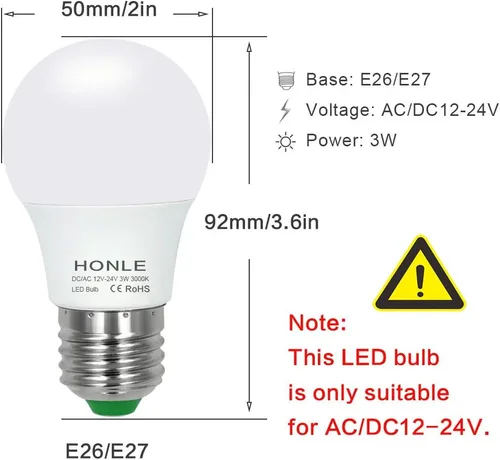 Vista 2 de Bombillas LED E26 de 12 a 24 V CA/CC, 3 W, bajo voltaje, blanco cálido, 3000 K, E27 Edison, base de tornillo estándar, equivalente a 25 W