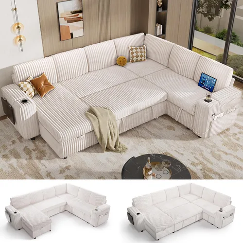 Vista 23 de Vipbear Sofá cama modular de 86 pulgadas con cama extraíble, sofá en forma de L de pana de felpa de 3 asientos con diván de almacenamiento, puertos