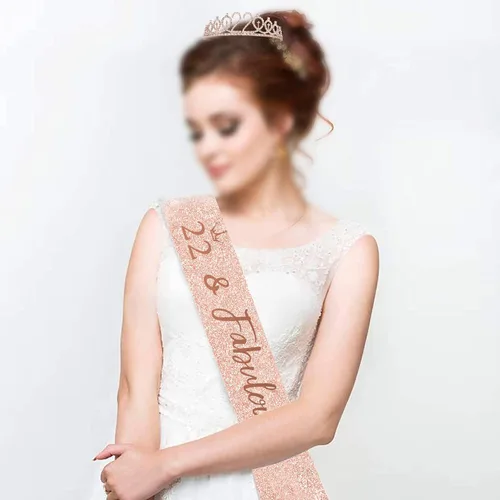 Vista 2 de BRT Bearingshui Juego de banda y tiara de cumpleaños número 22 para niñas, corona de oro rosa y fabulosos suministros de recuerdo de fiesta
