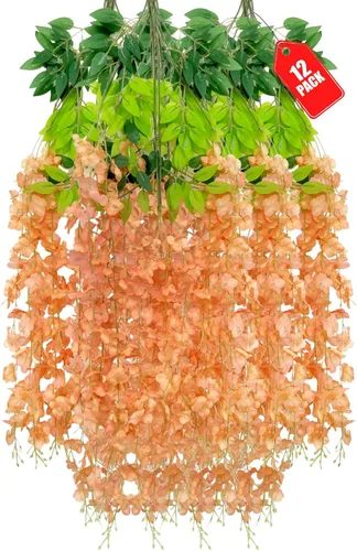Vista 13 de Paquete de 12 flores colgantes de glicina rosa, flores colgantes falsas de 3.44 pies, guirnalda de glicina artificial para decoración de boda, telón