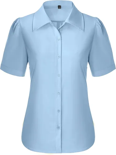 Vista 19 de Gleeivy Camisas de botones para mujer de manga corta abombada, camisas de vestir abotonadas con cuello ajustado, blusa superior de trabajo