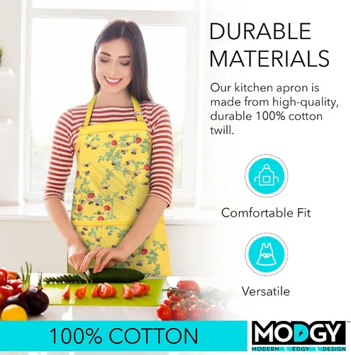Vista 3 de MODGY, Delantal con bolsillos para mujer, algodón, hornear, cocinar, bonitas flores de primavera Candace Wheeler Abejas