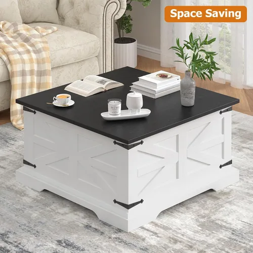 Vista 3 de Bigbiglife Mesa de centro de granja con almacenamiento, mesa central cuadrada de 31.5 pulgadas para sala de estar, mesa de cóctel de madera rústica