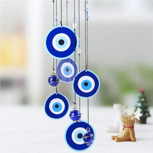 Vista 8 de YU FENG Carillón de viento con ojo maligno azul para exteriores, adorno colgante de 19" de metal, campanillas de viento para jardín al aire libre