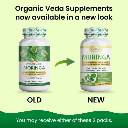 Vista 2 de Organic Veda Cápsulas de hoja de Moringa de 1200 mg, 120 unidades – Polvo puro de Moringa Oleifera en polvo de hojas enteras verde suplemento súper