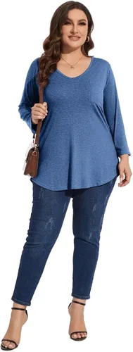 Vista 7 de BELAROI Camiseta básica de manga 34 con cuello en V para mujer, talla grande, holgada, con bolsillo