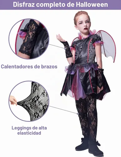 Vista 4 de IKALI Disfraz de murciélago vampiro de Halloween para niñas con alas, disfraz gótico de oscuridad para niños