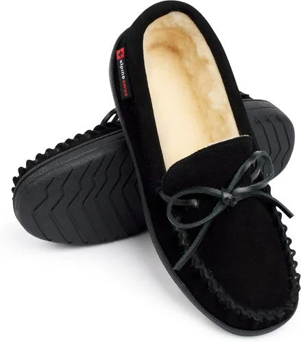 Vista 8 de Alpine Swiss Sabine - Pantuflas tipo mocasín para mujer, zapato de casa de gamuza auténtica, plantilla de espuma viscoelástica, piel de oveja Negro