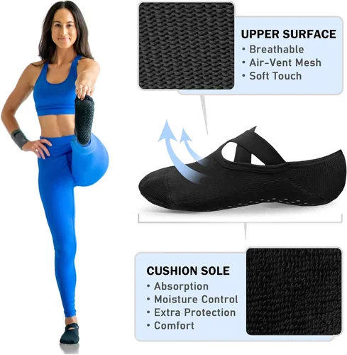 Vista 4 de NEWZILL Calcetines de yoga antideslizantes 2024 para mujer, calcetines de agarre con cojín para pilates, barre, ballet, danza, hospital (3 pares)