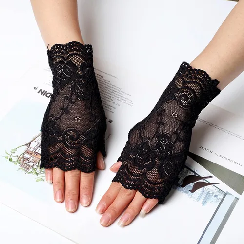 Vista 4 de Papoopy Guantes de encaje blanco para mujer, para bodas, fiestas de té, cosplay, disfraces