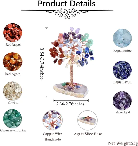 Vista 6 de Jovivi Árbol de cristales curativos naturales de 7 chakras en base de ágata, piedras curativas, árbol de dinero para Feng Shui, decoración de mesa