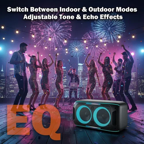 Vista 2 de Altavoz Bluetooth para fiestas, potente sonido estéreo de 180 W, graves profundos, altavoz inalámbrico portátil con modos de sonido EQ, luces LED