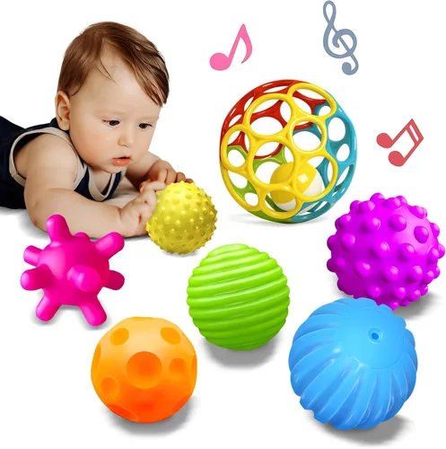 Vista 11 de Pelotas sensoriales, juguetes Montessori con sonajero de bebé de 3 a 6 meses 6 Multiple Textured Stress Balls with Blue Rattle, Bright