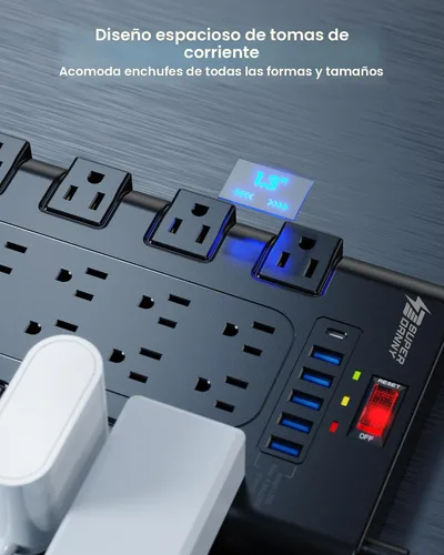 Vista 3 de Regleta de alimentación, SUPERDANNY - Protector contra sobretensiones con 22 tomas de corriente AC y 6 puertos de carga USB, 1875 W/15 A, 2100