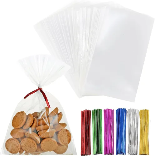 Vista 10 de 200 bolsas de celofán planas de celofán de 4 x 9 pulgadas, transparentes y gruesas, con lazos torcidos de 6 colores, embalaje, galletas, dulces