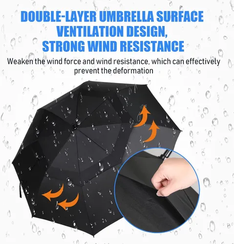 Vista 5 de Jexine Paraguas grande de golf abierto automático de 62 pulgadas, doble toldo, resistente al viento, impermeable, resistente, para hombres, mujeres