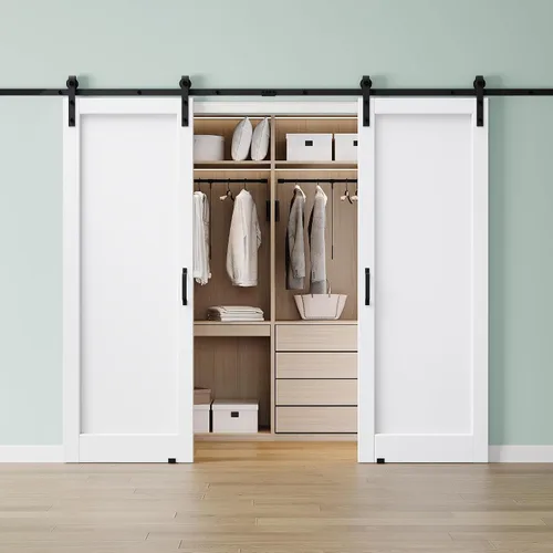 Vista 17 de 30"x84" 1-Lite Double Side Mirror Barn Door Slab with 6FT Track Kit, Handle White / 1-Lite Double Side Mirror