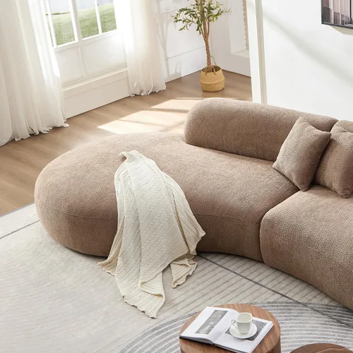 Vista 8 de Sofá seccional curvo de 135.4" (344 cm), sofá chaise moderno y cómodo tapizado en bouclé, sofá seccional modular de espuma viscoelástica de asiento