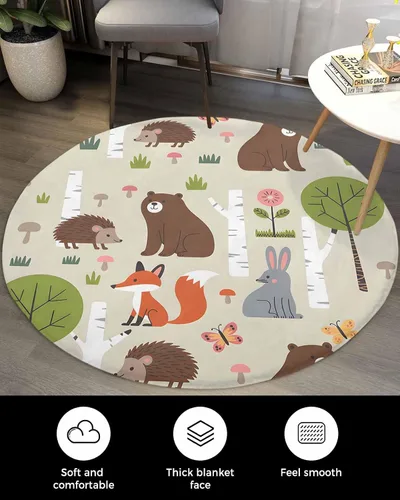 Vista 3 de Alfombra de área de 3 pies para interior, redonda, diseño de dibujos animados, conejo, oso, zorro, bosque, alfombra lanuda para niños, habitación