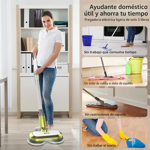 Vista 5 de VMAI Trapeador eléctrico inalámbrico, trapeador eléctrico giratorio con faro LED y rociador de agua, hasta 60 minutos, potente limpiador de suelos