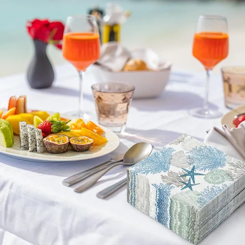 Vista 5 de AnyDesign 100 servilletas de papel de océano desechables con estrellas de mar y conchas de coral, servilletas de almuerzo con temática del mar