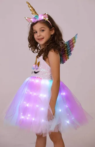 Vista 3 de Soyoekbt Girls Unicorn Costume LED Light Up Unicorn Princess Dress Birthday Party Outfit Halloween Tutu Dress with Headband