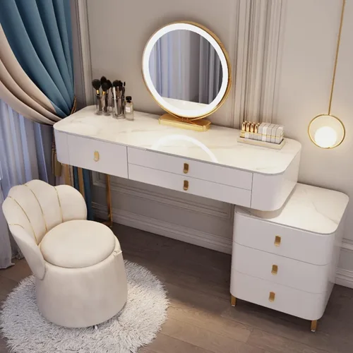 Vista 16 de Tocador, tocador de maquillaje con taburete acolchado, tocador con espejo iluminado LED y mesa auxiliar, mesa de maquillaje con 3 cajones
