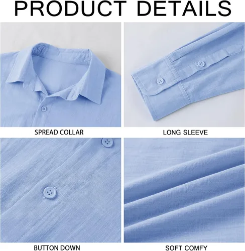 Vista 5 de Camisa de lino y algodón con botones para hombre, casual, manga larga, cuello extendido, ligera, para la playa