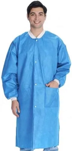 Vista 2 de Greenour Disposable Lab Coat Blue SMS with Pockets for Adult Knitted Collar and Cuffs Breathable Fluid Resistant