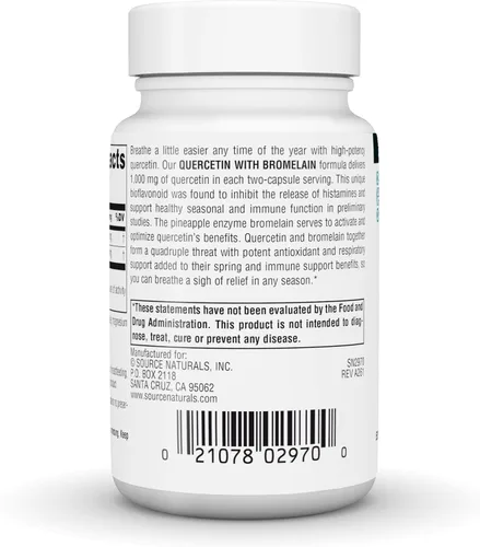 Vista 4 de Source Naturals Quercetina con bromelina, apoyo respiratorio e inmunológico* - 500 mg por cápsula, 1000 mg por porción - 30 cápsulas veganas