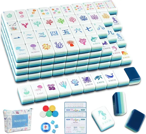 Vista 10 de Juego de azulejos Mahjong acrílicos grabados de 4 capas, 160 piezas con azul (04-Chinoiserie-Blue)