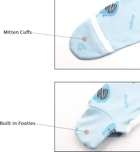 Vista 5 de COBROO Pijama unisex con pies de bebé para dormir y jugar, 100% algodón para bebés con mitones integrados de 0 a 3 meses