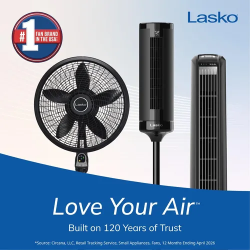 Vista 2 de Ventilador con 3 velocidades Lasko 18 pulgadas eficiente de la energía Swirling Cyclone Grill Pedestal control remoto incluido gratis