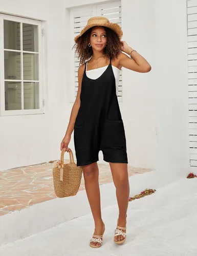 Vista 3 de Zhiyouni Overol corto de verano para mujer, holgado, holgado, con bolsillos