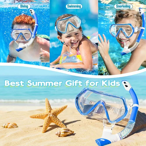 Vista 6 de 2 juegos de equipo de esnórquel para niños de 3 a 14 años, antivaho 180° Clear View Dry Top Snorkel Set, máscara de natación con cubierta nasal