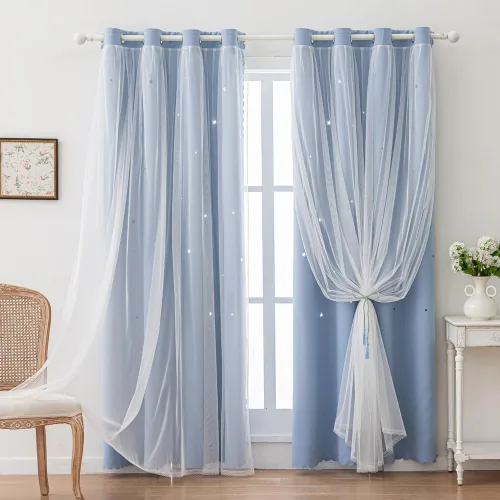 Vista 12 de Cortinas opacas con recortes de estrellas para dormitorio de niñas y niños, cortina de doble capa con aislamiento térmico y superposición