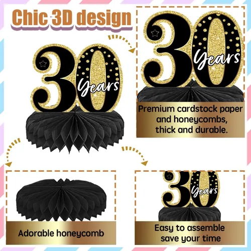 Vista 7 de 10 piezas de decoración de cumpleaños número 30 para niñas y niños, centros de mesa de cumpleaños 30 para mesas, centros de mesa de feliz cumpleaños