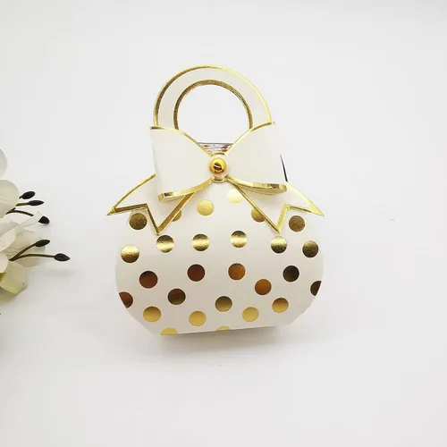 Vista 5 de 50 piezas de bolsas con lazo decorativo verde y dorado con lunares de papel metalizado dorado, cajas de regalos de boda para dulces con lazo y asa