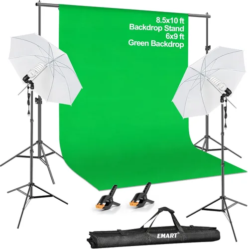 Vista 9 de EMART Sistema de soporte de fondo de 6.5 x 10 pies, kit de iluminación profesional para fotografía con foco CFL de 45 W, paraguas, fondo de 6 x 9