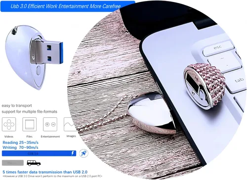 Vista 6 de USB 3.0 Flash Drive - Pen drive con forma de lápiz labial, memoria de alta velocidad, collar brillante con bolsa de joyas, gran regalo, Rosado Heart