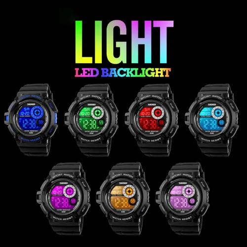 Vista 3 de SKMEI - Reloj digital para niños, impermeable, LED, 7 colores cambiables, luz de fondo suave, PU